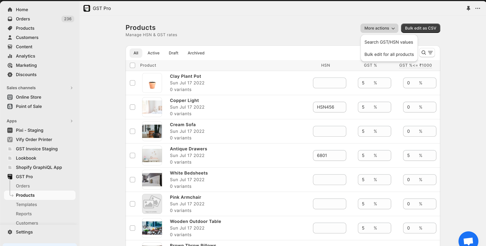 Bulk edit menu in GST Pro