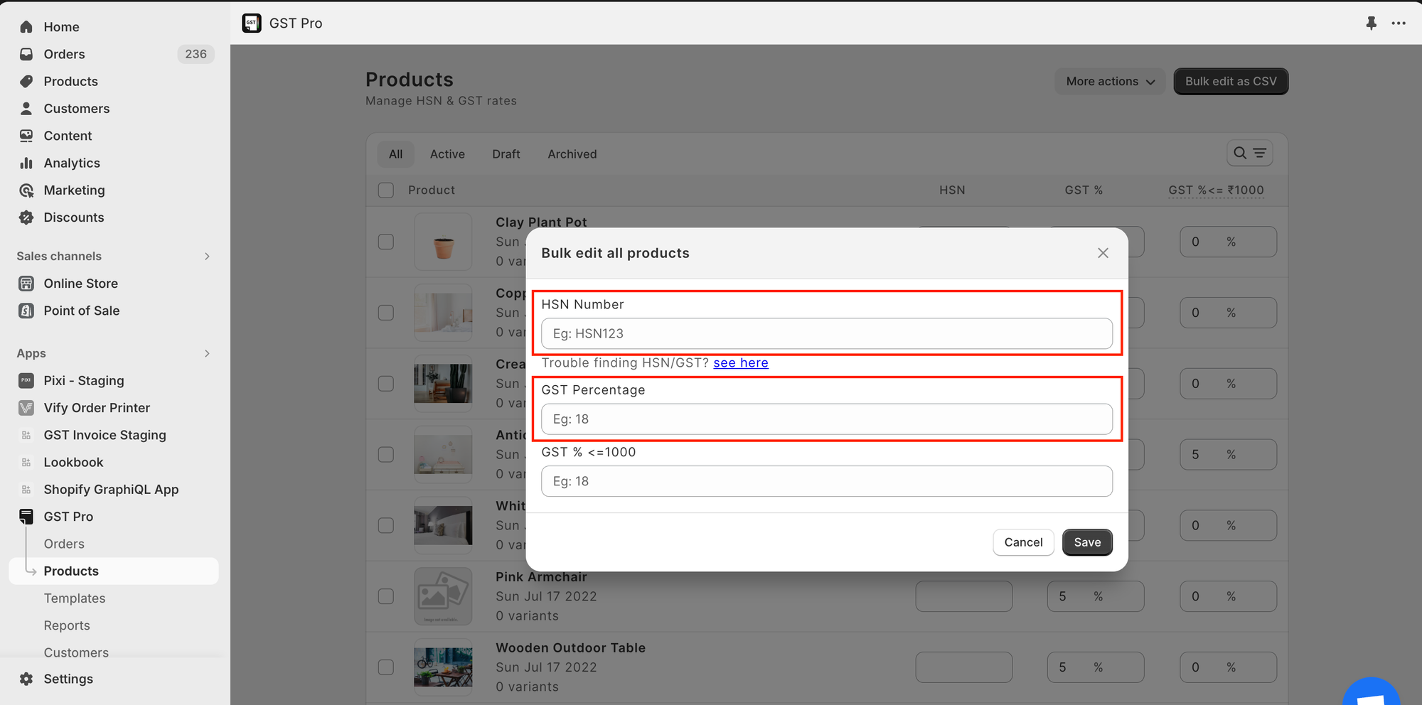 GST and HSN fields in bulk edit view